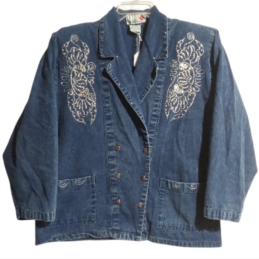 Vintage 80s Denim Jacket Double Breasted Silvery Embroidery and Sequins